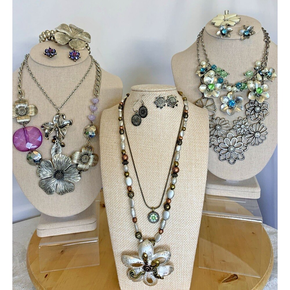 Vintage Y2K Floral Jewelry Lot 12PC Statement Necklace Earrings Cottage Garden
